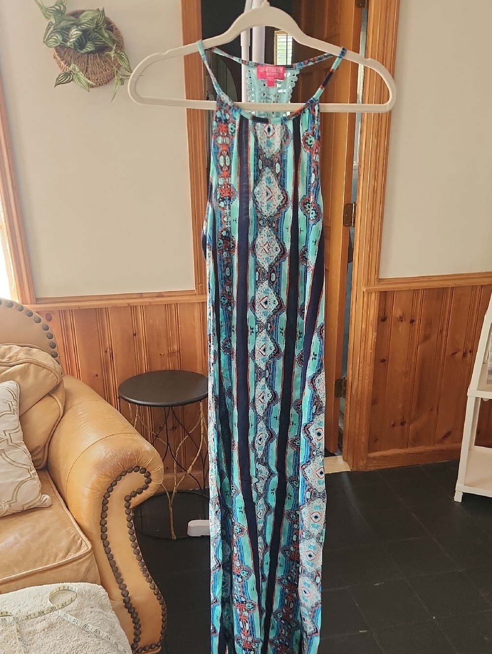 Sleeveless Strappy Maxi Dress in Aqua & Navy